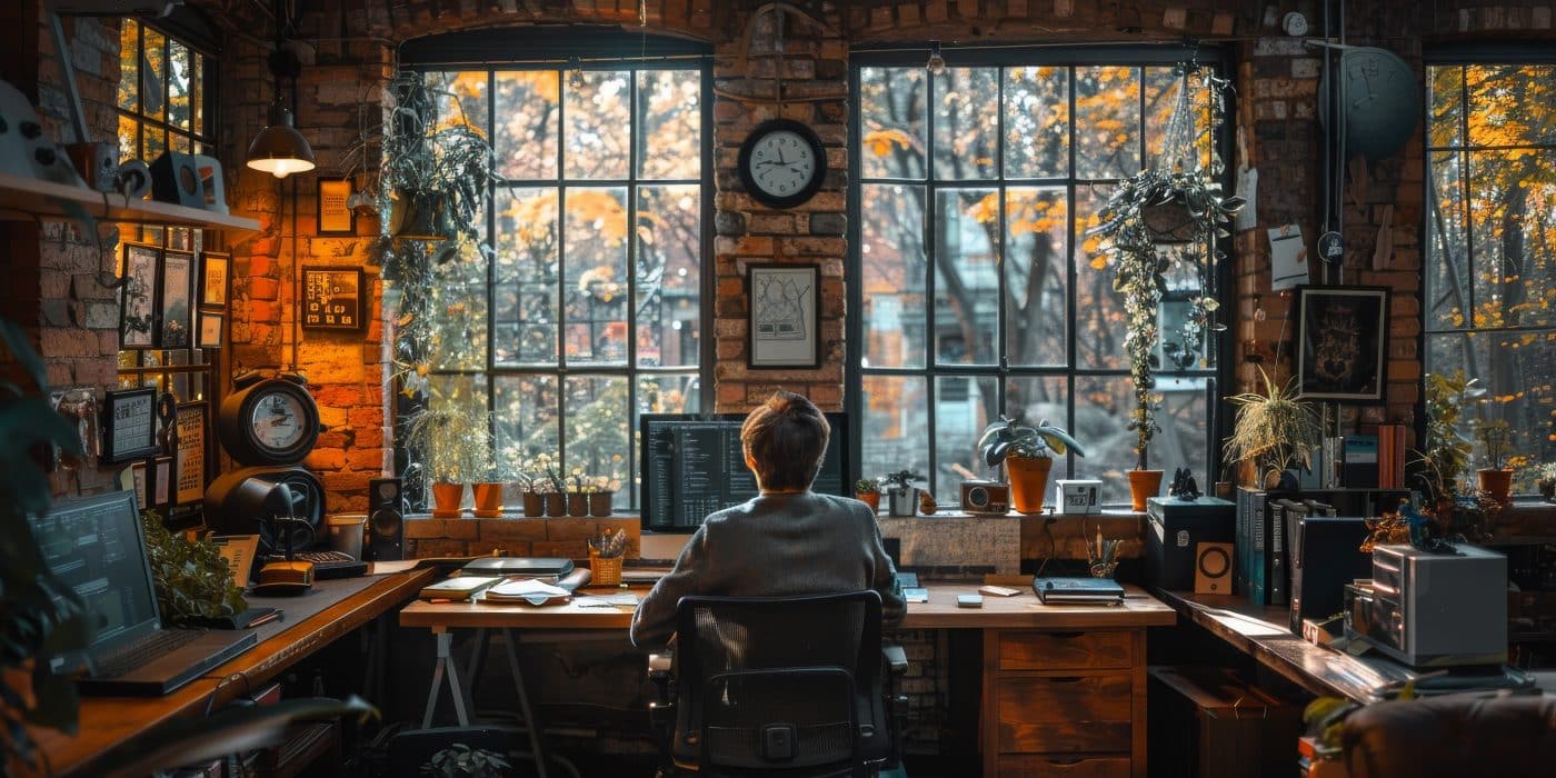 A man sitting at a desk in an office with a view out of a window